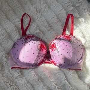 Victoria’s Secret 34D Push Up Bra Pink Red Floral Embroidered Lace Sexy Lingerie